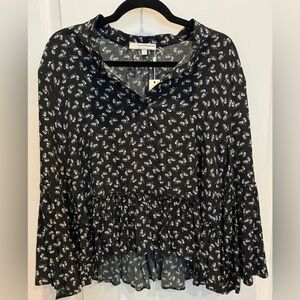 LAVENDER BROWN Boho V-Neck Ruffle Long Sleeve Top NWT S Black Cream